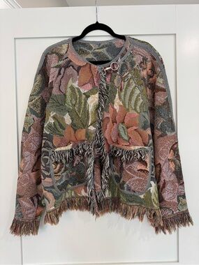 Handmade Floral Tapestry Fringe Jacket Oversized Boho Artsy Wearable Art